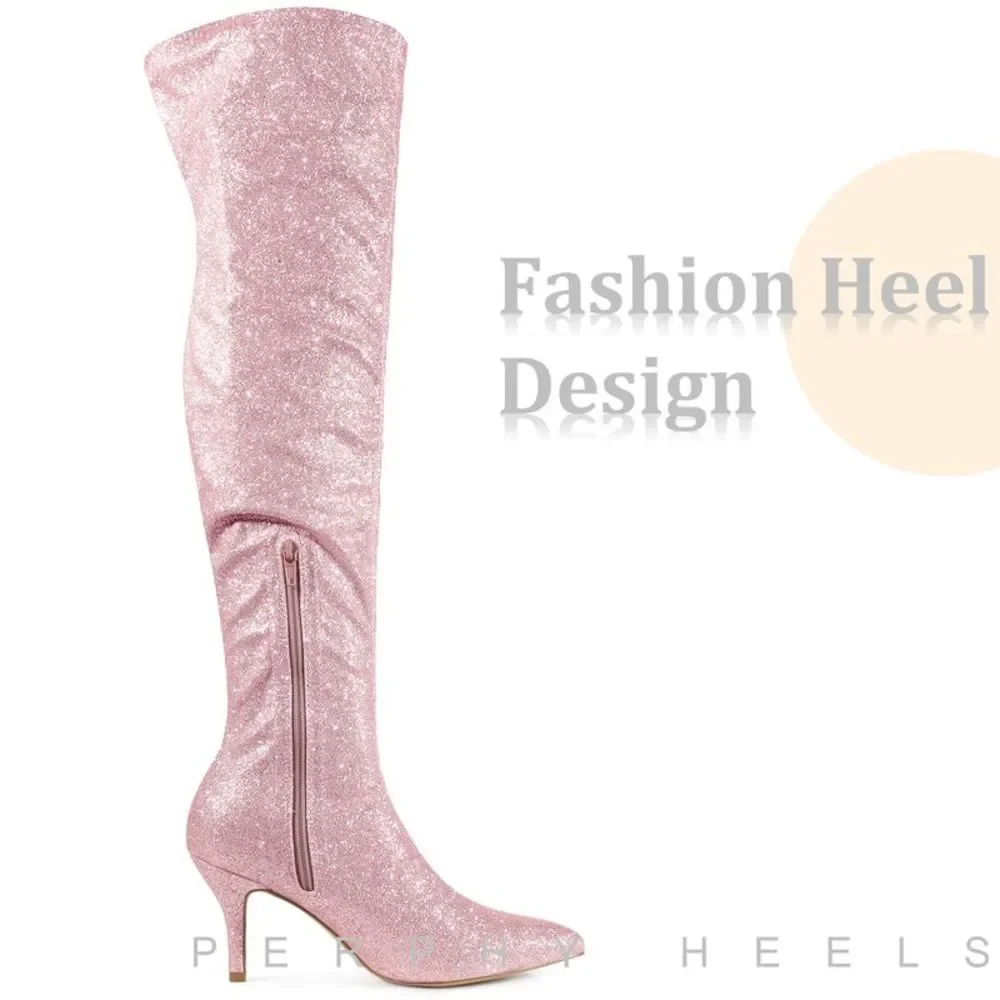 Glitter Pointed Toe Stiletto Heels Pink Over the Knee Boots - Picture 4 of 5